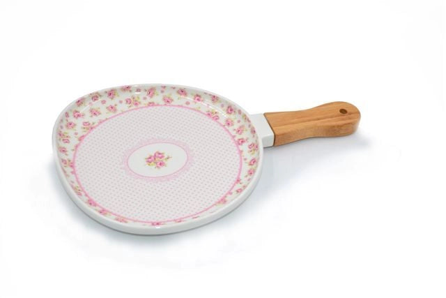 Paletta Vassoio in Porcellana con Manico in Legno Decoro Rose 19 cm
