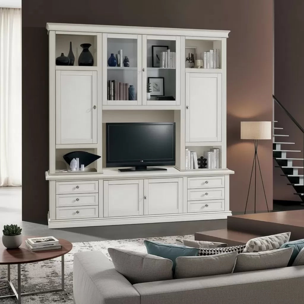 Parete attrezzata classica in legno bianco 200x50x227 - Mobili 2G