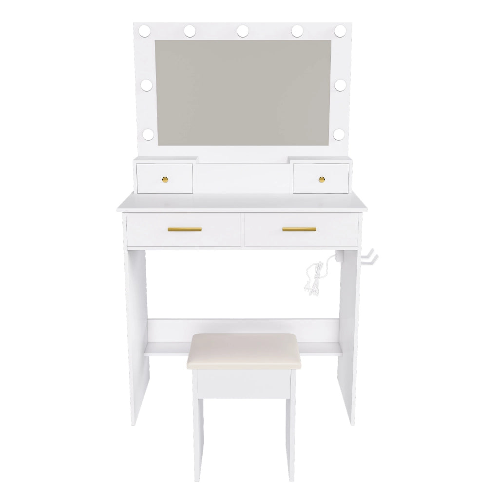 Toeletta bianca in MDF con LED, presa, 4 cassetti e sgabello