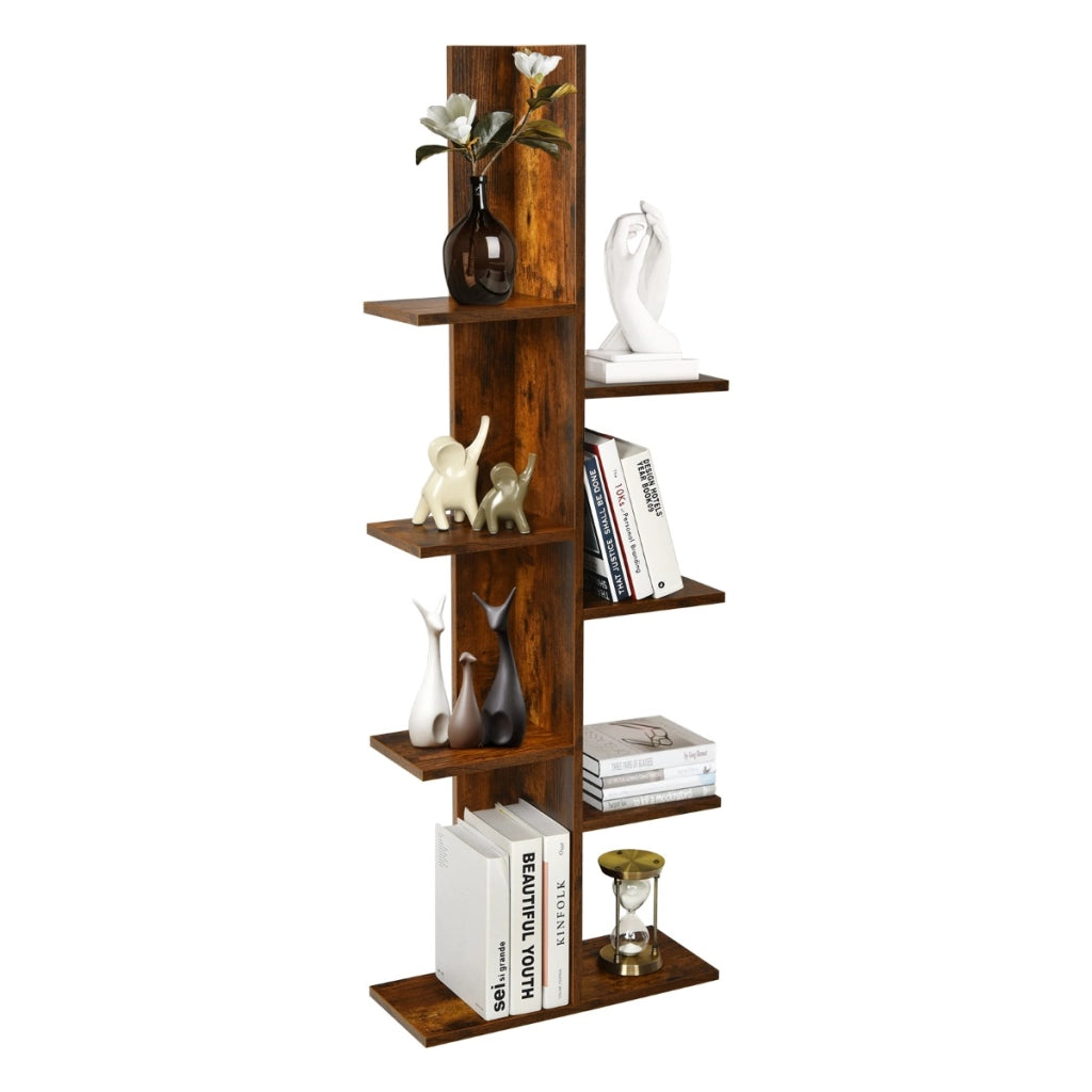 Libreria ad albero autoportante a 8 ripiani in legno-Stand espositivo multifunzionale per libri e piante Marrone