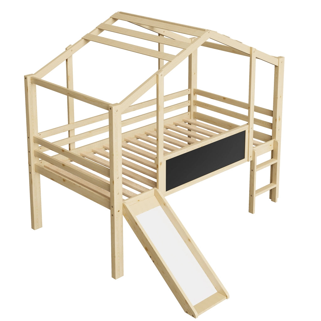 DESMIU Letto a soppalco letto per bambini 1 posto con scivolo, scala e lavagna, 90 × 200 cm, senza materasso
