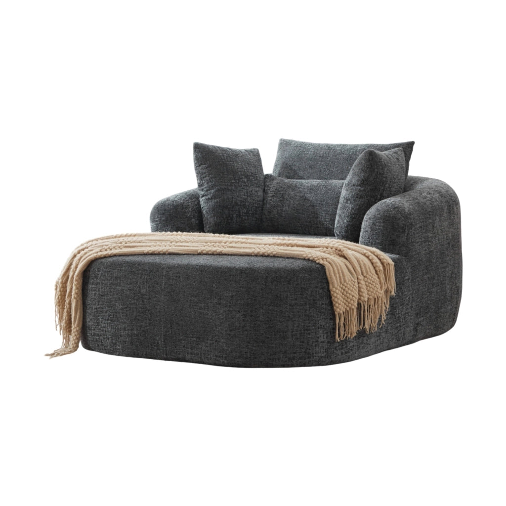 Chaise longue imbottita in velluto a coste grigio con braccioli e cuscini