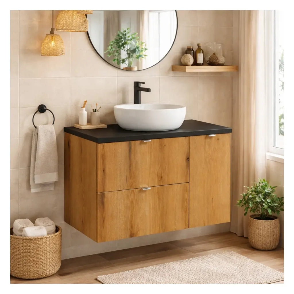 Set da bagno sospeso VANO in rovere e nero 90cm: mobile sottolavabo con cassetti e armadietti + piano per lavabo