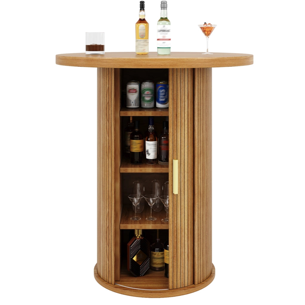 Tavolo bar rotondo con spazio contenitore 60x60x91;6 cm in MDF e metallo; effetto legno