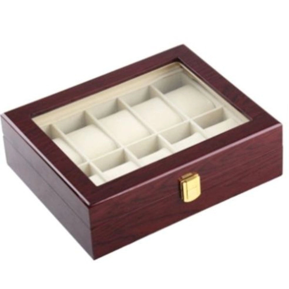 Trade Shop - Scatola Porta Orologi 10 Posti In Legno Con Vetro Custodia Elegante Effetto Lusso -