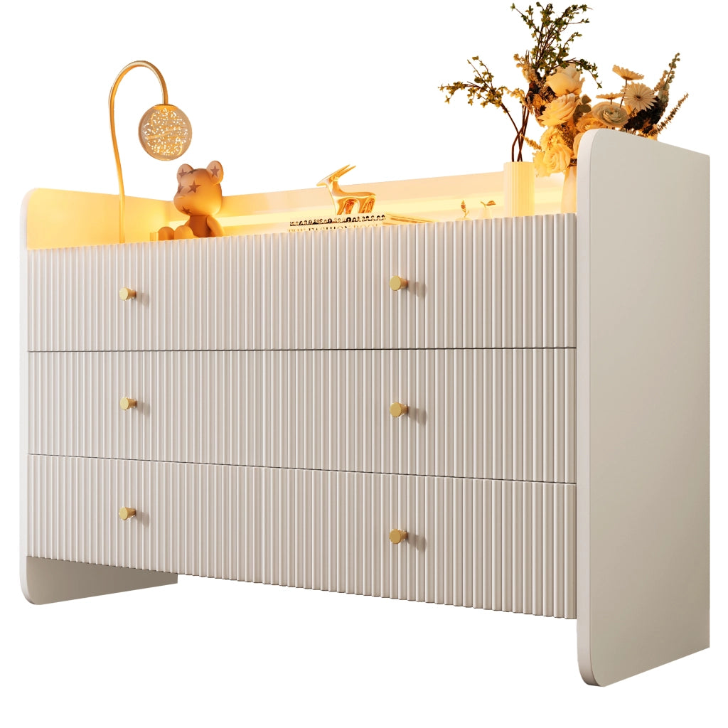 Credenza moderna con LED; 6 cassetti e vano aperto 120x40x75 cm bianca