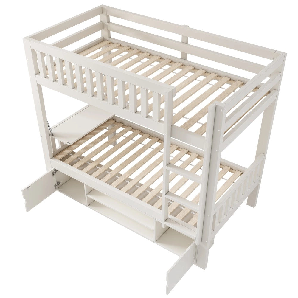 Letto a Soppalco Bambini 90x200 con Tavolo e Scarpiera ¨C Xylo ¨C Bianco, Legno, Rete a Doghe