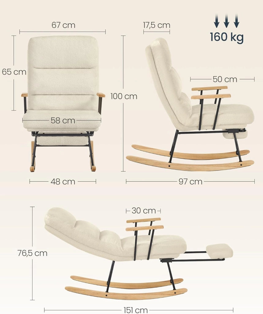 Poltrona a Dondolo, Gambe in Legno di Hevea, Sedia a Dondolo, Schienale Regolabile a 4 Posizioni, Portata Massima 160 kg, Camera da Letto Soggiorno, Marrone Cammello LYY016LJ01