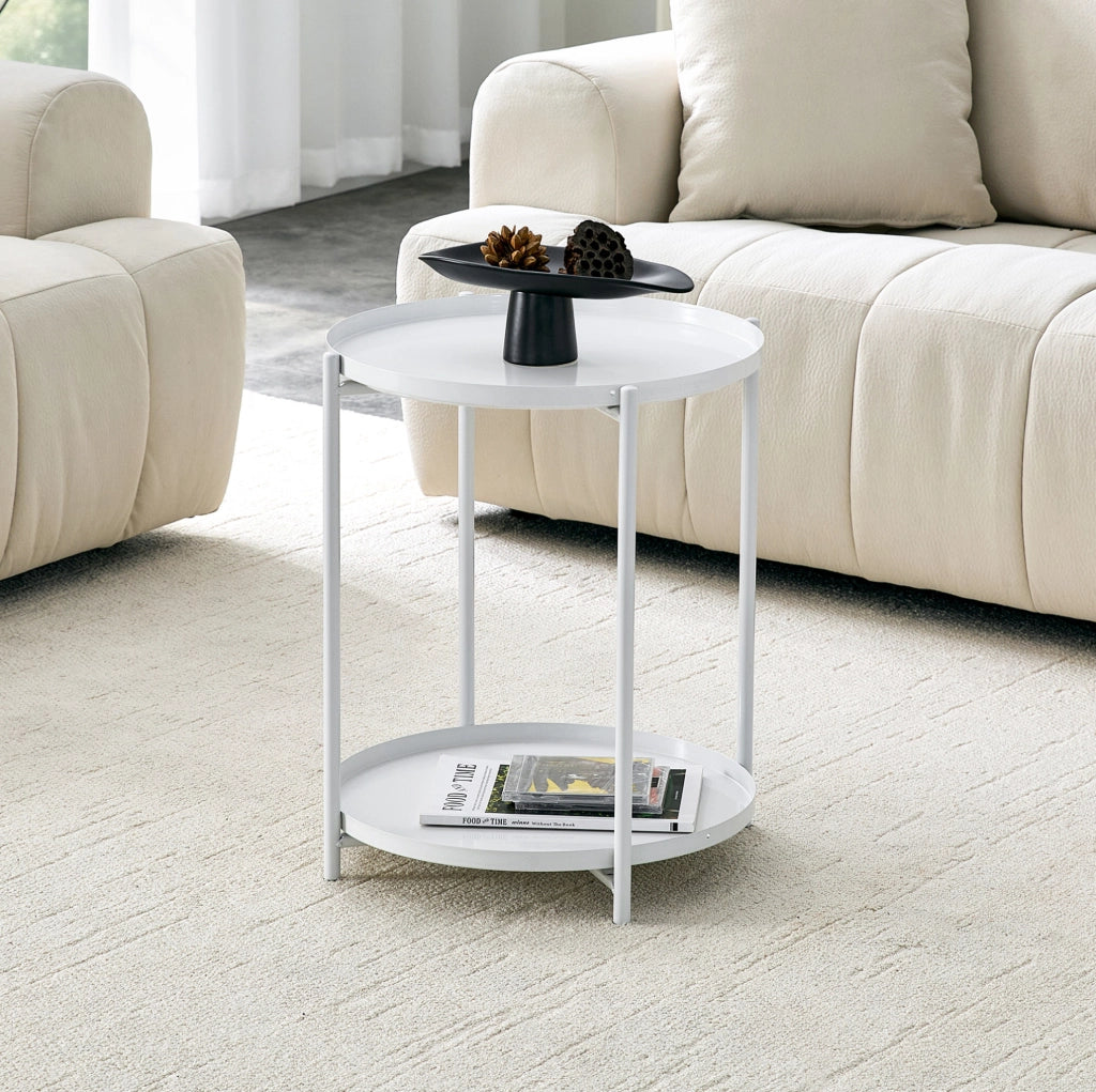 Tavolino laterale rotondo 42x52 cm a 2 ripiani in MDF e metallo bianco