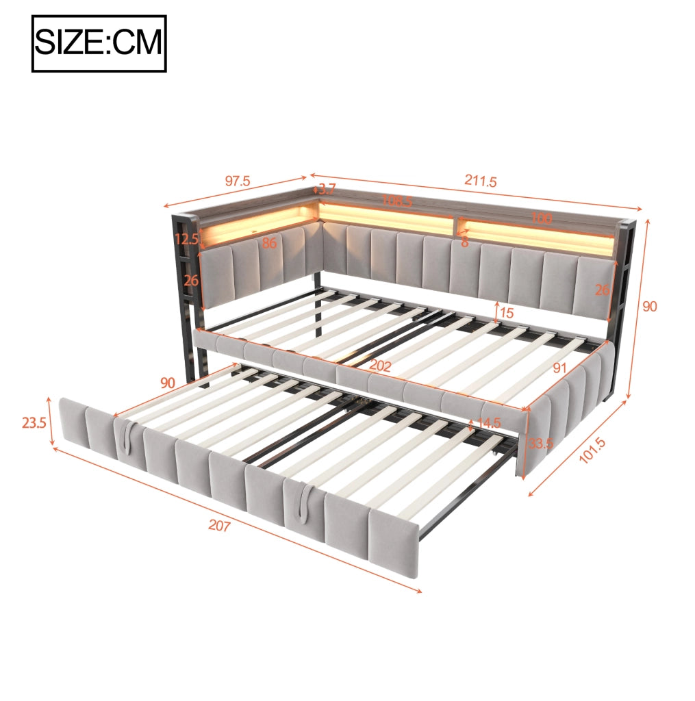 Divano letto estraibile ULEVR 90x200 cm con letto supplementare, LED, USB e Type-C, velluto grigio