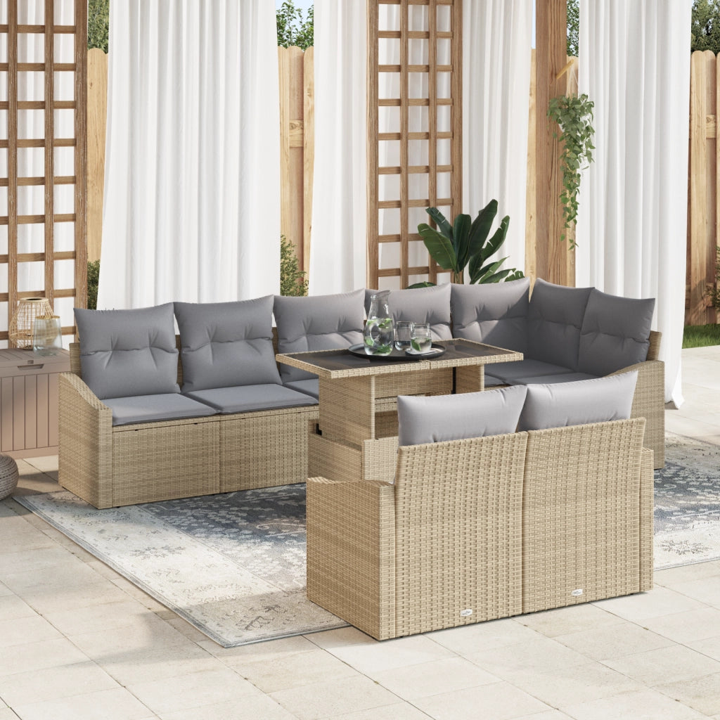 Set di Divani da Giardino 9 Pezzi con Cuscini Beige in Polyrattan