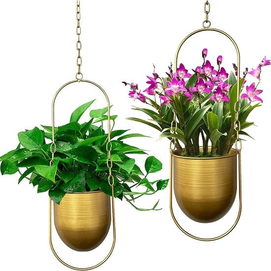Impianti per piante appesi, set di 2 vasi per piante appesi boho, piante per parete e soffitto moderne, vaso per piante grasso, erbe, piccole piante, piante aeree (oro)