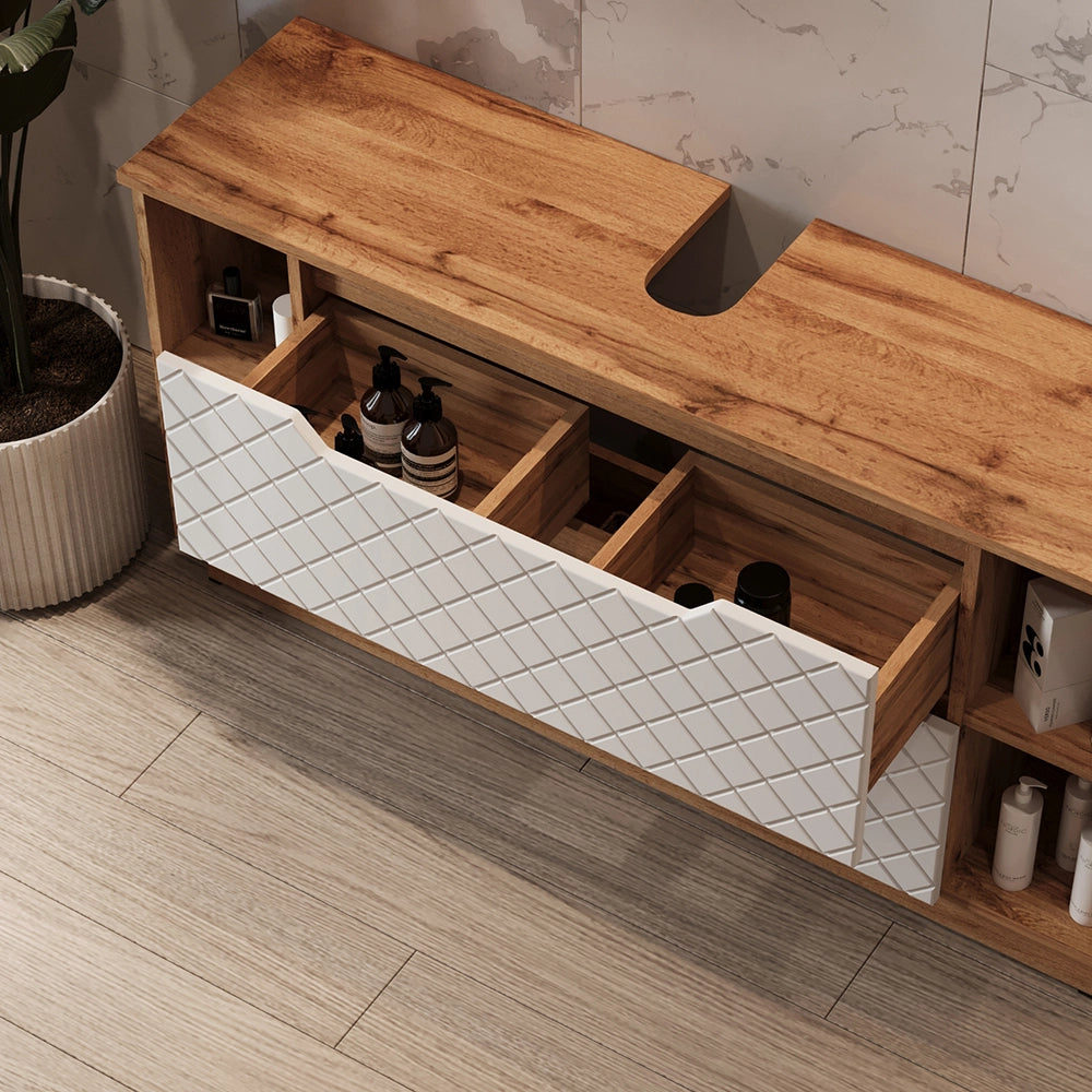 Vicco Mobile sottolavabo per bagno Rovere/bianco con struttura in piastrelle 119.2 x 62.5 cm con 2 cassetti