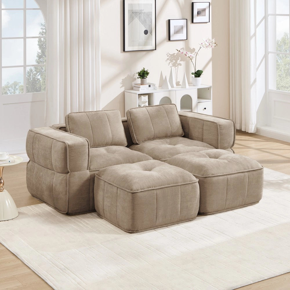 Divano 2 posti con set poggiapiedi ¨C Minimal ¨C Tessuto morbido colore sabbia