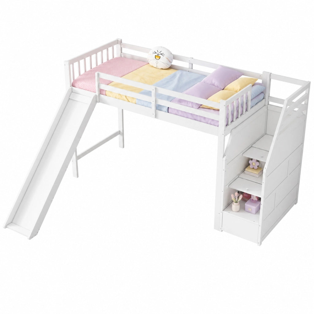 Letto a soppalco per bambini 90x200 cm con scivolo bianco
