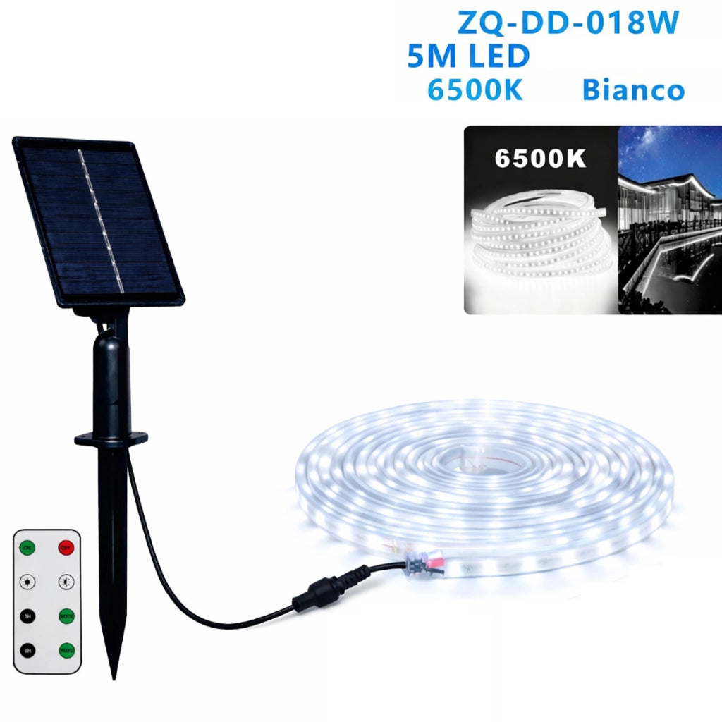 STRISCIA LED SOLARE 5 METRI TELECOMANDO BIANCO FREDDO 6500K PER ESTERNO ET-31608