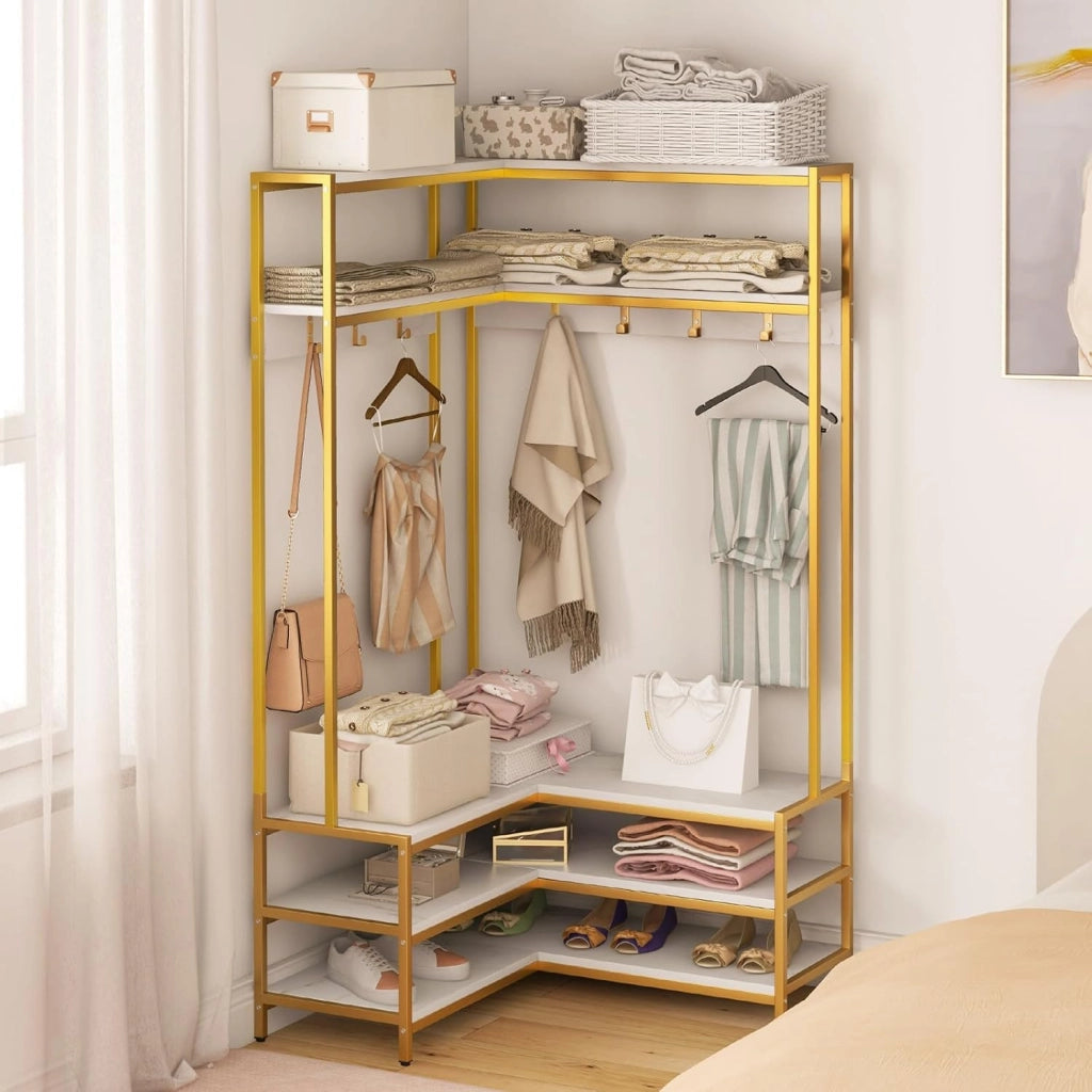 Stand Appendiabiti Angolare, Appendiabiti a Forma L con Ripiani Aperti 7 Ganci e Panca per Scarpe, Struttura in Metallo e Piedini Regolabili, 90x90x178 cm (Bianco)
