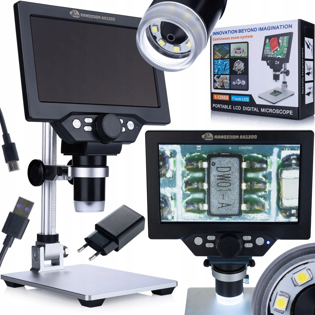 Set di Saldatura Professionale 8 in 1 con Microscopio LCD 7" 1200x – Stazione T12, Toppa, Resina, Supporto PCB, Stagno
