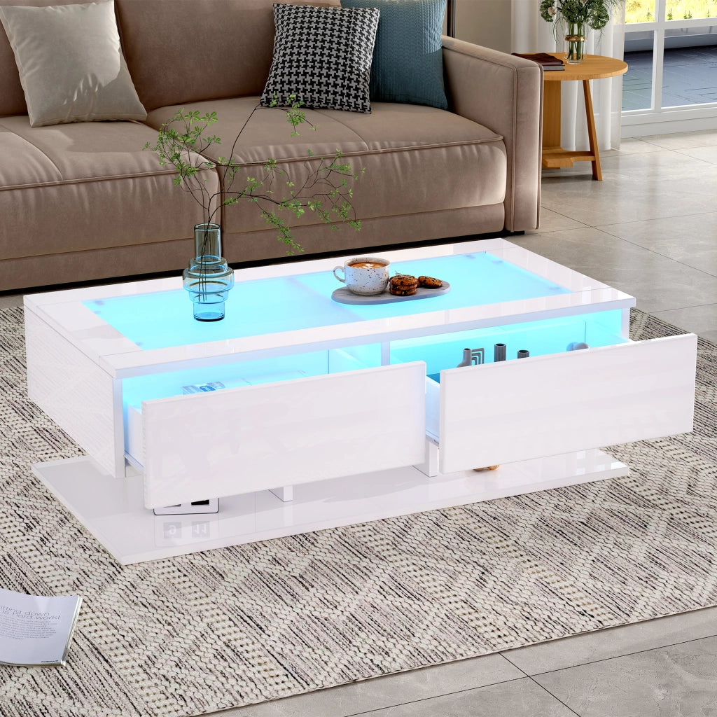 TAVOLINO DA SALOTTO 100x50x35 cm Bianco lucido con 2 cassetti e piano in vetro