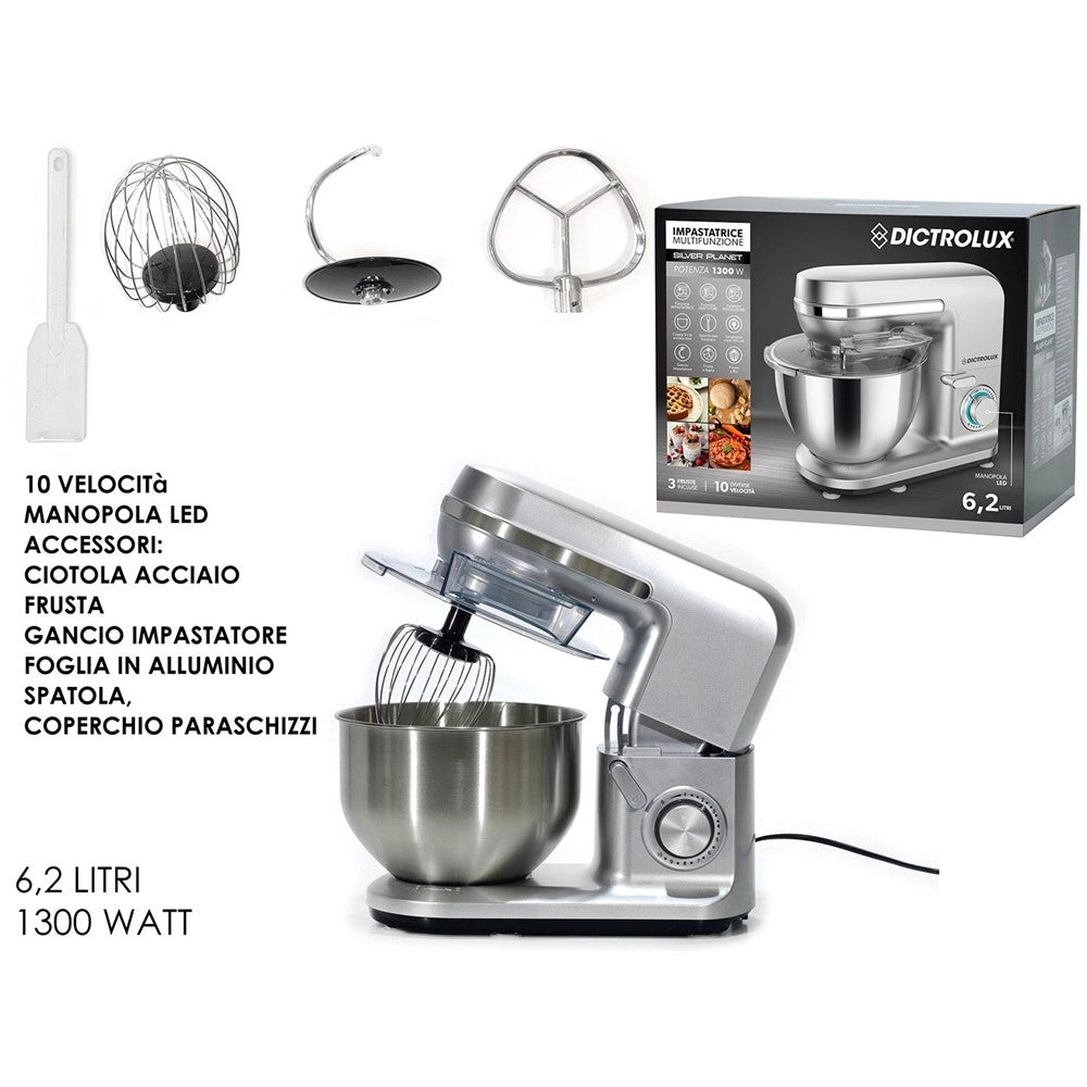 Trade Shop - Impastatrice Planetaria Cucina Multifunzione Con Ciotola Acciaio 6,2lt 1300w Manopola Led -