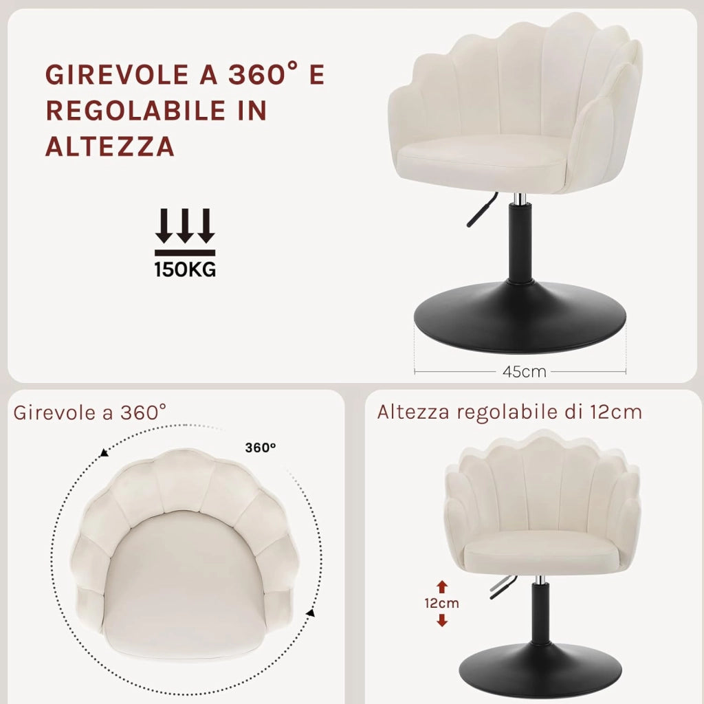 Sedia da Trucco, Poltrona Girevole in Velluto, Regolabile in Altezza per Camera da Letto, Soggiorno, Crema