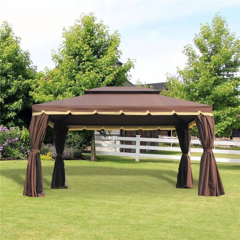GAZEBO CON DOPPIO TETTO E ZANZARIERA IN POLIESTERE 2.9 X 3.9 M CAFFÈ
