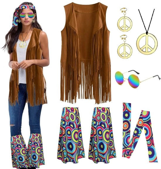 Costume hippie per donne - Set di accessori con costume hippie - Vestito con frange - Occhiali a cerchio - Collana di pace - Calzettoni per gambe - Pelle imitativa di alta qualità in suède - Costume retro