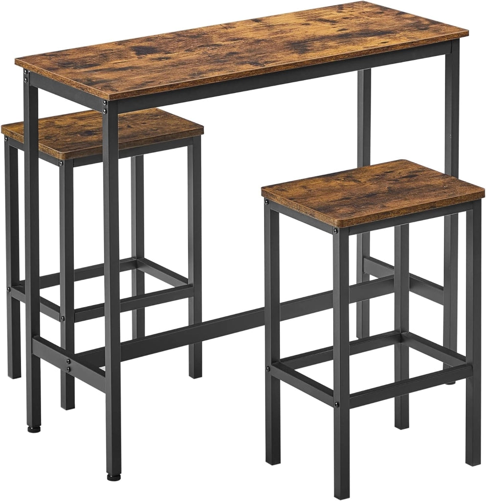 Tavolo Alto, Set di Tavolo e Sgabelli da Bar, Tavolo da Colazione con Set di 2 Sgabelli, Struttura in Acciaio Industriale, Marrone Vintage e Nero Inchiostro