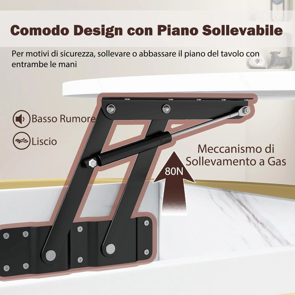 Tavolino da Caffè con Piano Sollevabile, Tavolino da Salotto Rotondo 80 cm a 2 Ripiani con Contenitore Nascosto e Ripiani Laterali, Ideale per Soggiorno, Studio e Ufficio