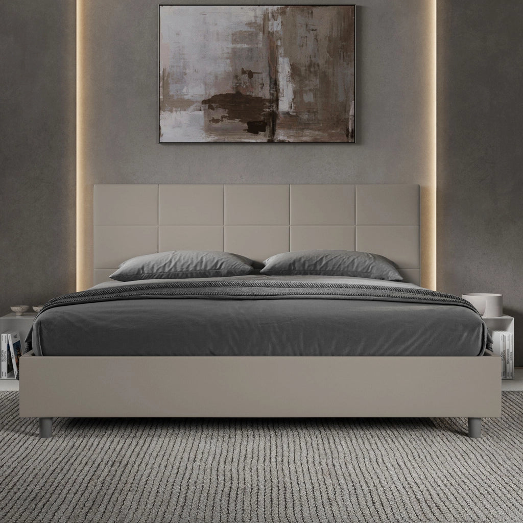 Letto Matrimoniale King Size 180x190 cm Senza Rete Imbottito in Similpelle Mika Tortora