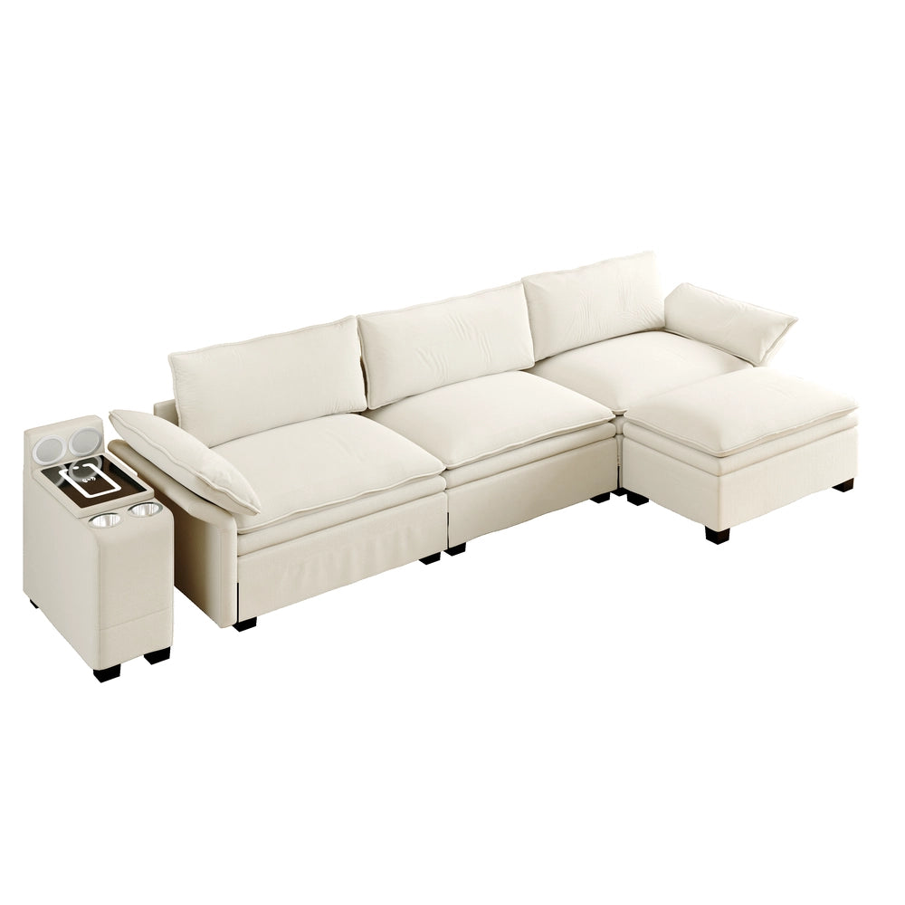 Divano Angolare Modulare con Contenitore, Portabicchieri e Ricarica Wireless ¨C Xylo ¨C Chenille Beige/Bianco 315cm
