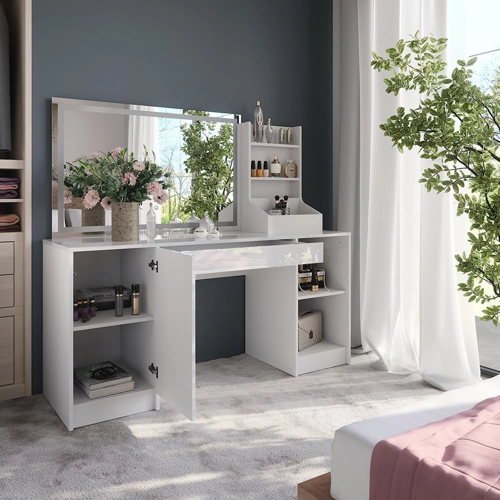 Tavolo da toeletta Sherry, Bianco/bianco lucido, 158.2 cm 3 parti