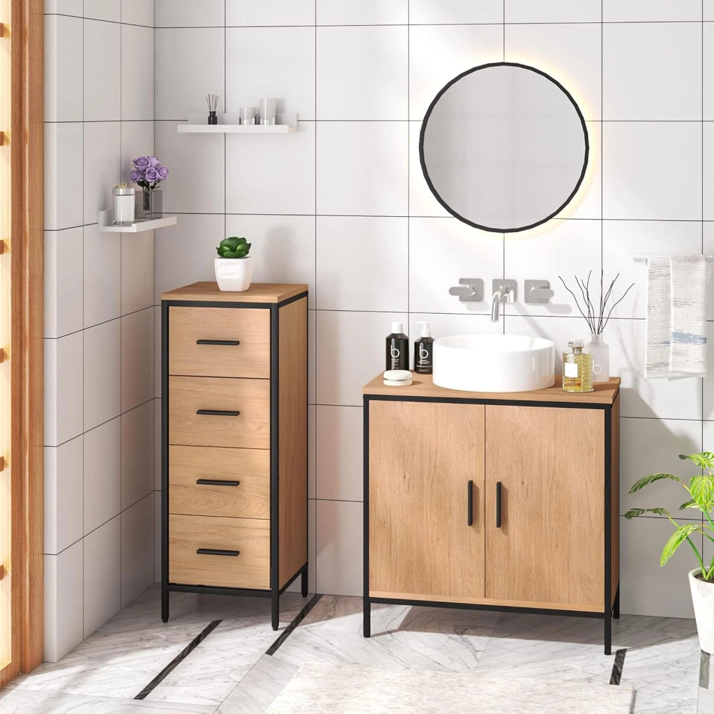 Cassettiera da Bagno con 4 Cassetti, Mobiletto Salvaspazio in Legno e Metallo, Armadietto da Terra Multiuso, Marrone e Nero, 30x30x82 cm