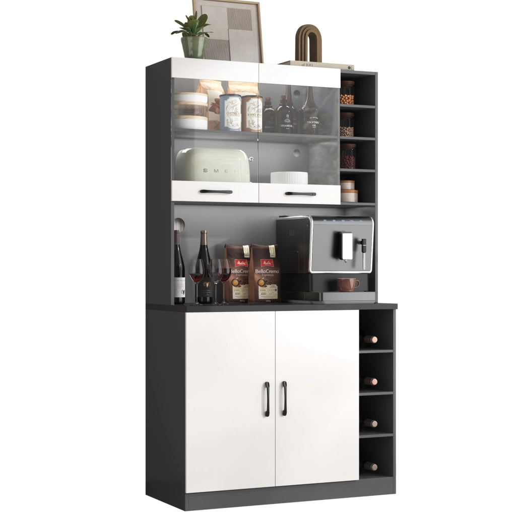 Credenza cucina moderna 100x47x187 cm con LED, ripiani regolabili e vano per microonde, bianco/grigio