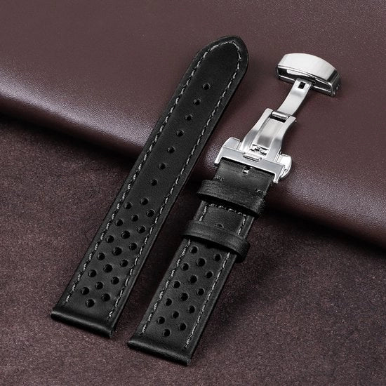 Cintura in pelle vera di 22 mm con chiusura a pieghevole in pelle di vitello e cintura universale 22 mm - nero (pelle verniciata)