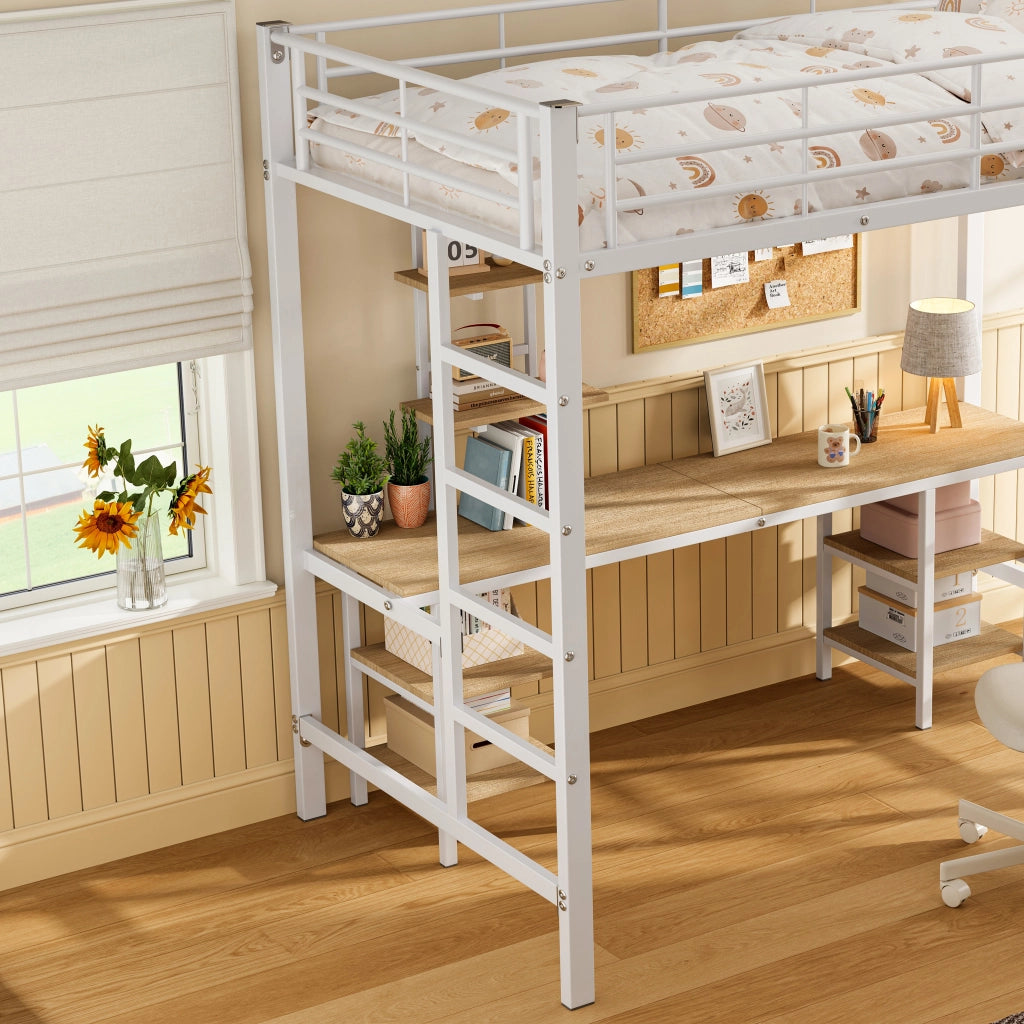 OKWISH Letto a soppalco 90×200 cm, Letto Singolo con Scrivania, Mensole e Scala laterale, senza Materasso, in Metallo e MDF, Bianco