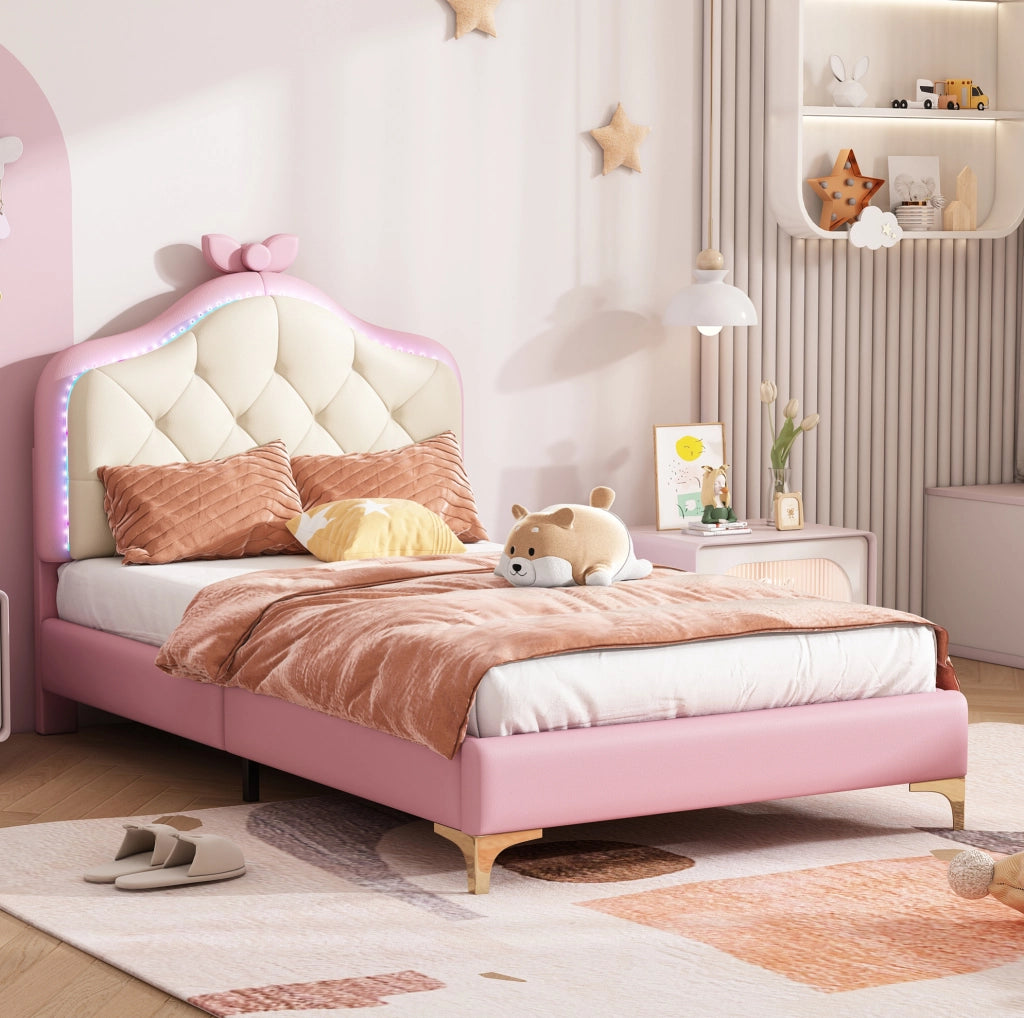 Letto singolo imbottito 90x200 cm con LED, rosa e bianco