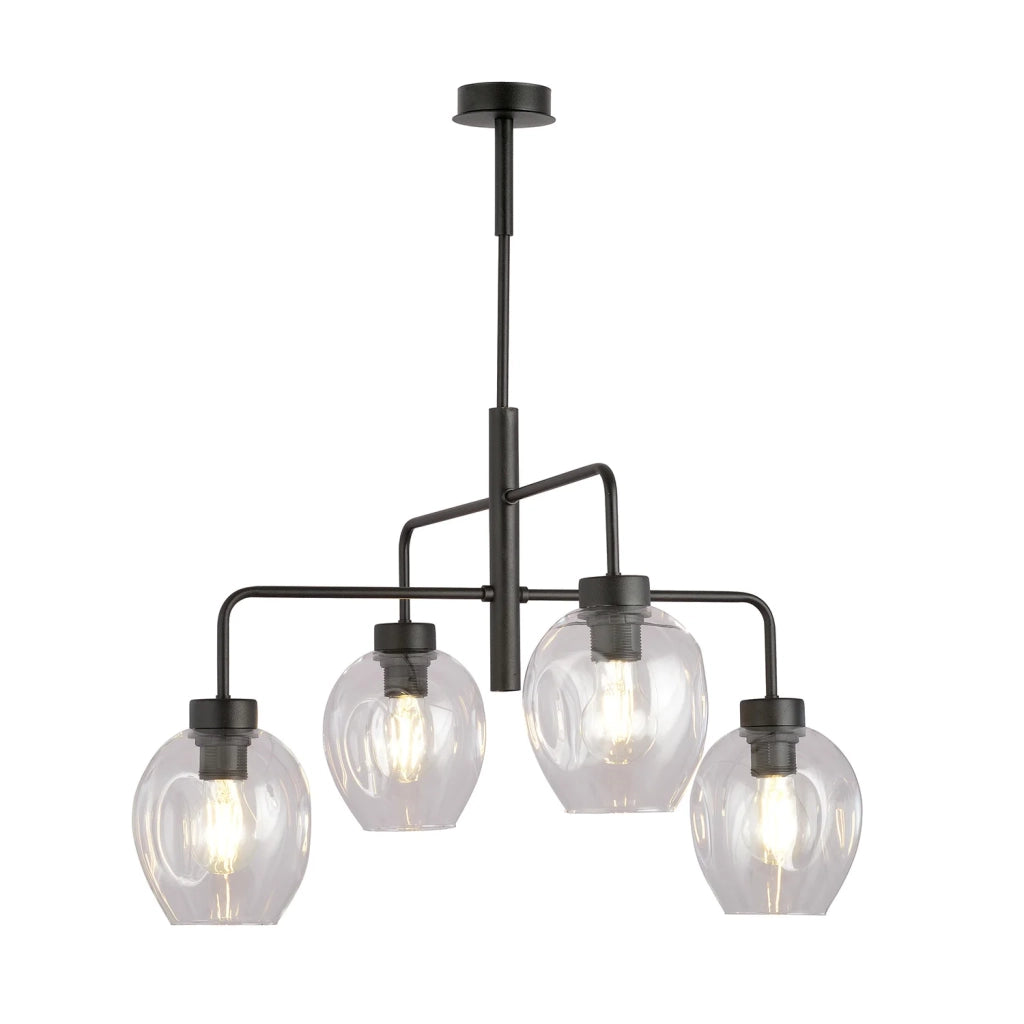 Lampadario Moderno 4 Luci Auriga In Accaio Nero E Vetro Trasparente