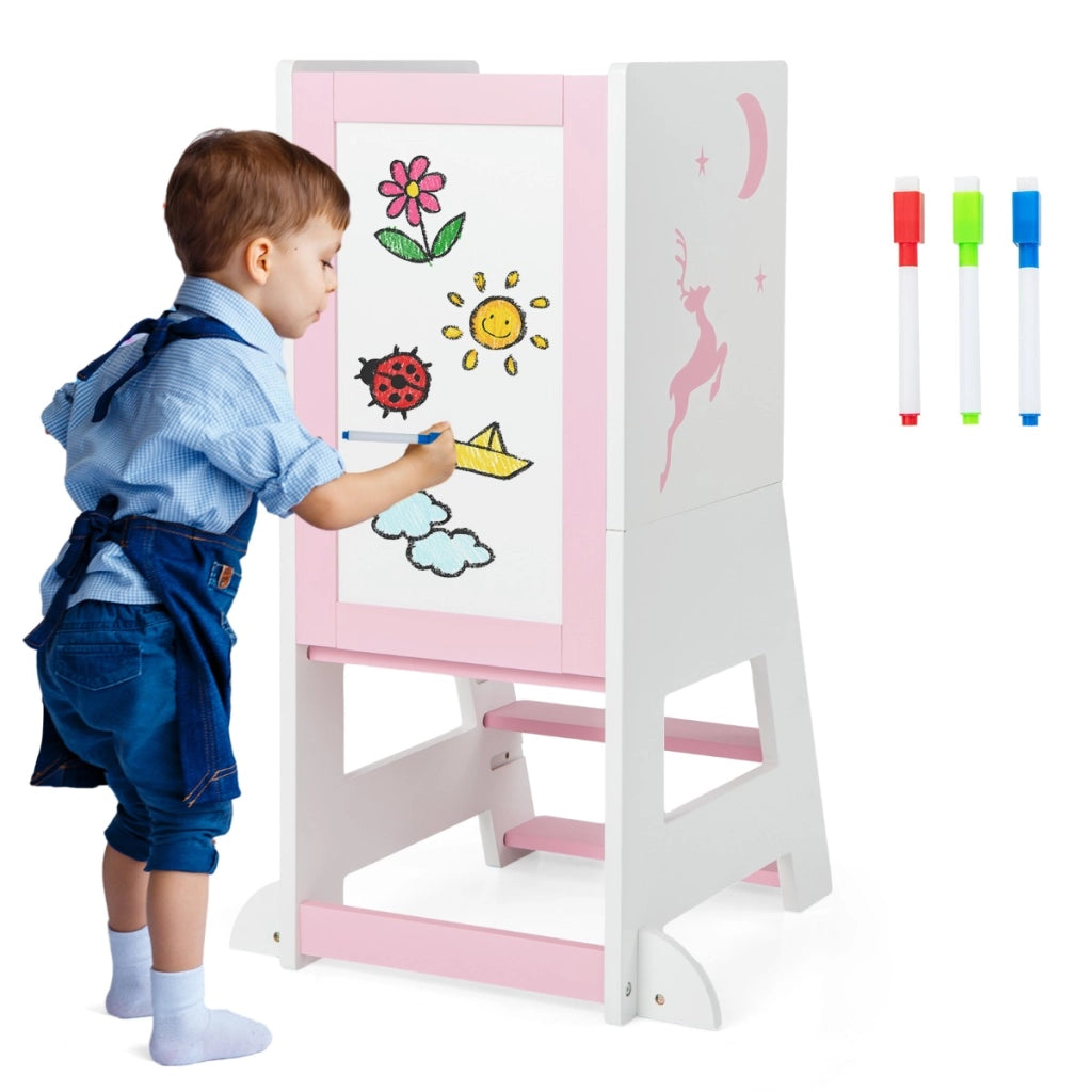 Torre per bambini con 3 penne lavagna bianca e nera piattaforma e gradino regolabili, Sgabello per bambini porta 70kg Rosa-Per i bambini