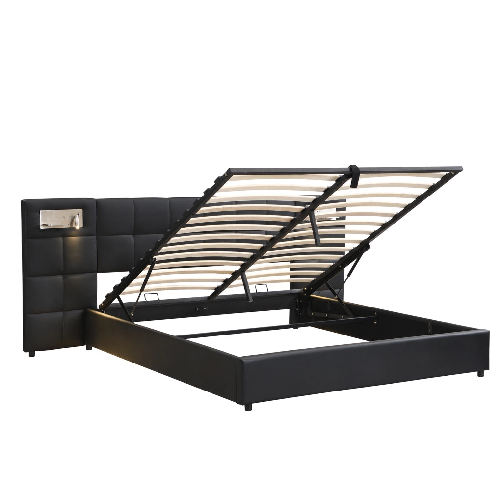 Letto imbottito 180x200 cm con USB; ricarica wireless; luce e contenitore; PU nero