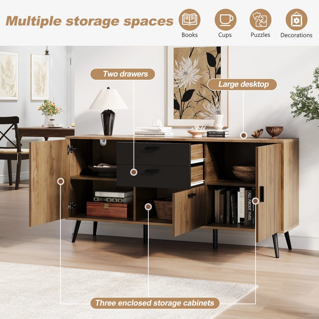 Credenza e madia con 2 cassetti 3 ante e 7 vani per soggiorno e sala da pranzo in MDF nero e legno 140 × 35 × 67 cm