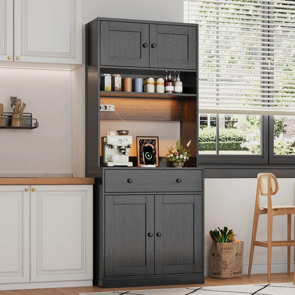 Dispensa alta con ripiani in MDF con LED RGB prese AC e USB grande cassetto nera per cucina 72 × 40 × 180 cm