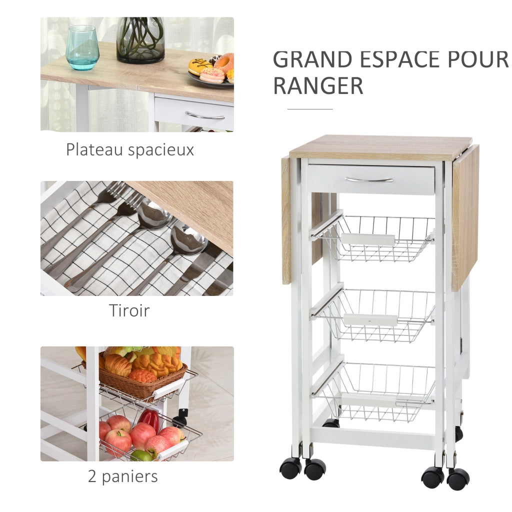 Carrello da cucina con 3 cestini, cassetto e ripiani ¨C zephmum ¨C metallo bianco effetto quercia