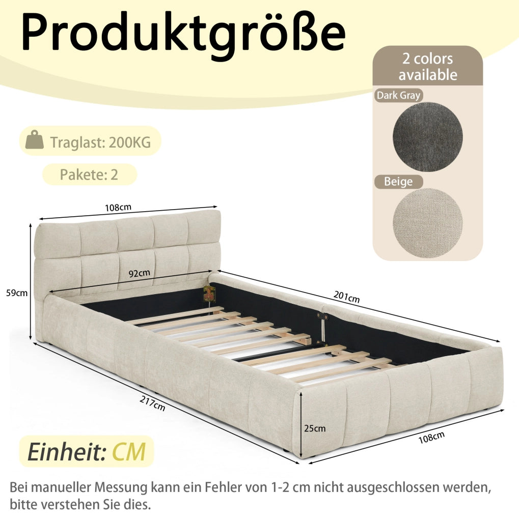 Letto singolo imbottito in ciniglia beige 90x200 cm