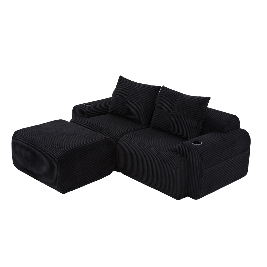 Divano modulare a 2 posti in corduroy nero con portabicchieri e tasca laterale; 200x174x80 cm