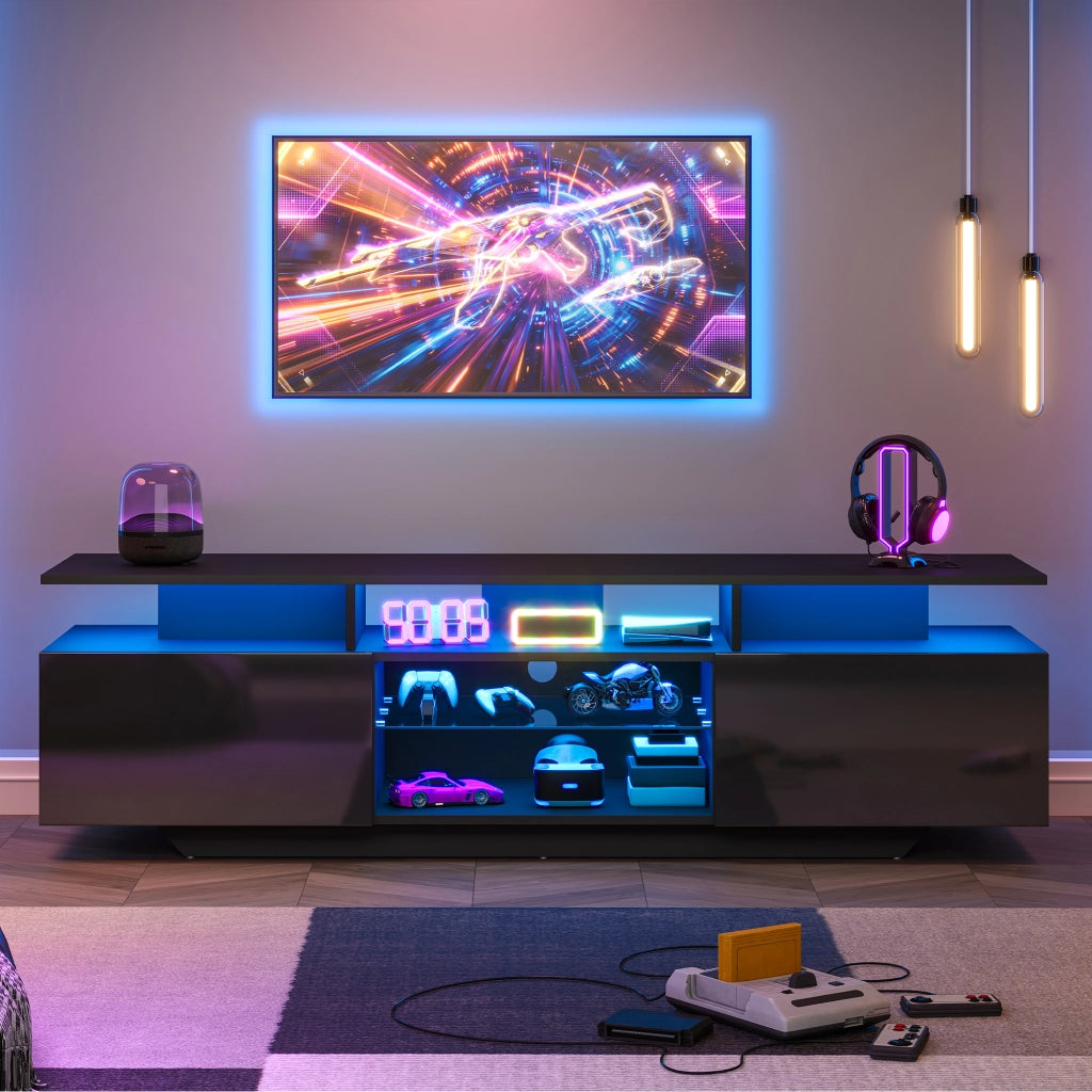 Mobile porta TV con LED e 2 ante, 8 vani contenitore e ripiani in vetro, per soggiorno, in MDF, nero, 160 × 40 × 45 cm