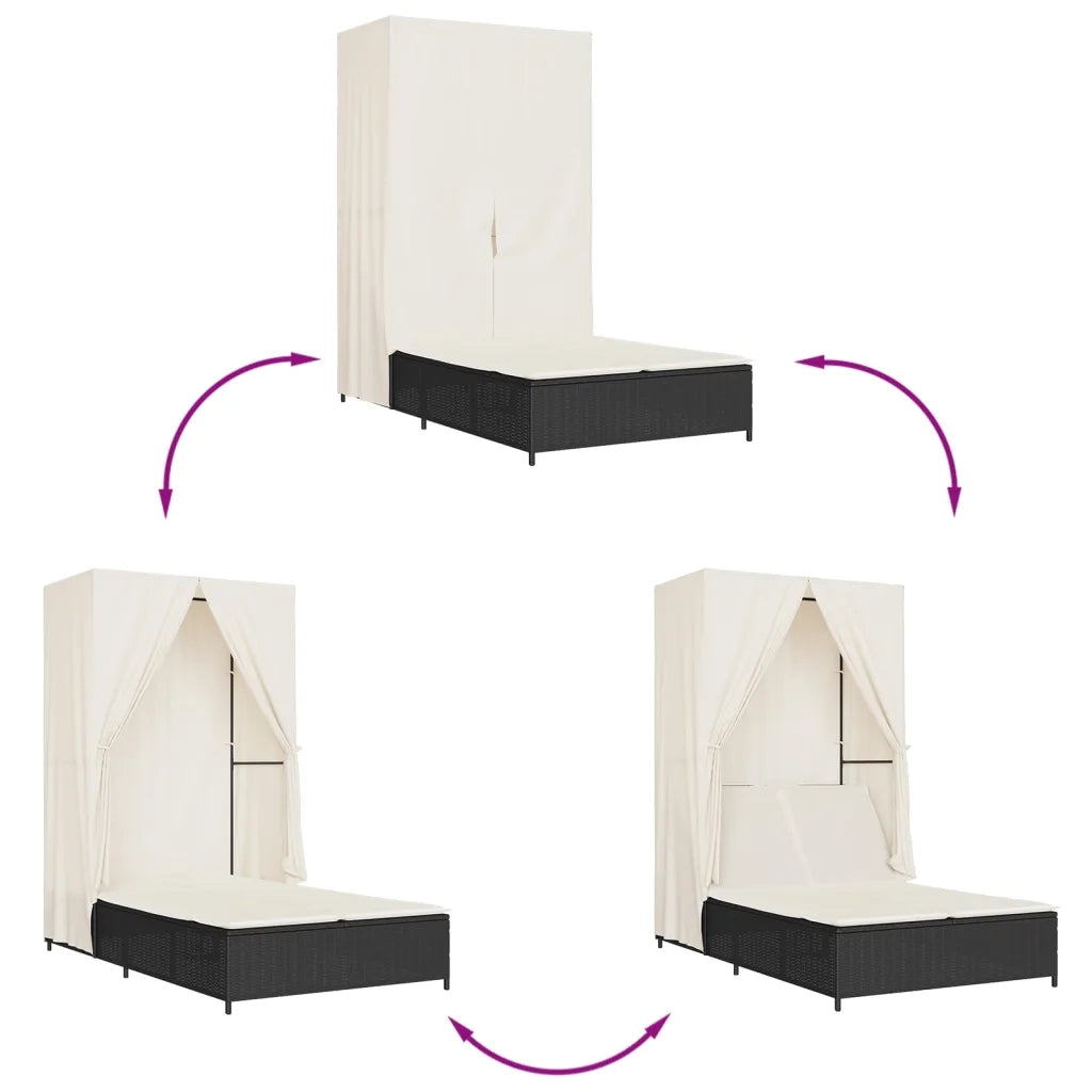 Lettino Prendisole | Sdraio da giardino | Lettino da sole con Tetto e Tende Nero in Polyrattan