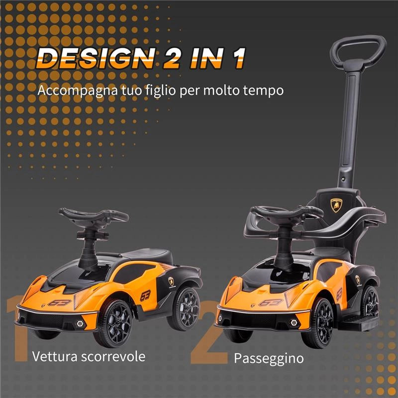 MACCHININA PER BAMBINI 2 IN 1 CON MANIGLIONE E BARRIERA DI SICUREZZA 86.5X40X89.5 CM ARANCIONE E NERO