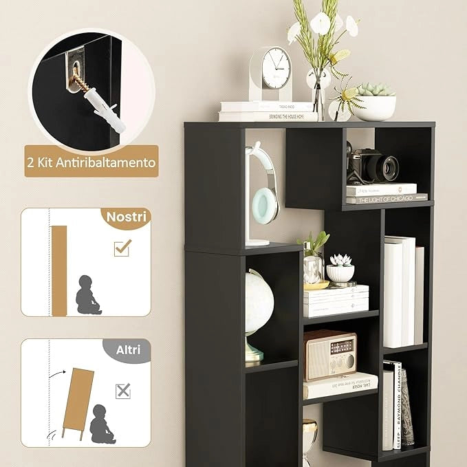 Libreria Geometrica 120 cm, Scaffale per Libri con Ripiani Aperti, Scaffale da Esposizione Moderno con Kit Anti-ribaltamento, Ideale per Casa Ufficio o Soggiorno (Nero)