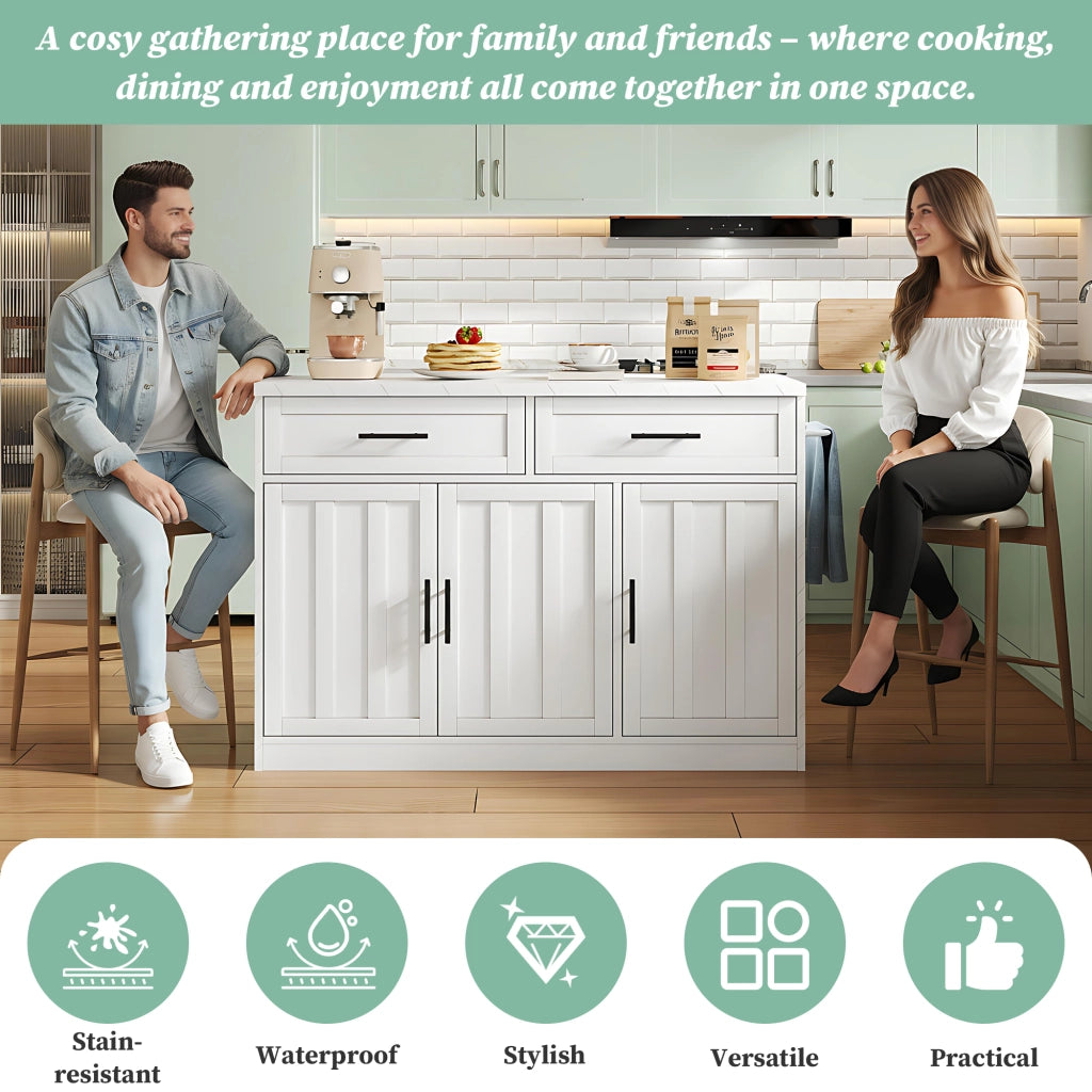 Isola da cucina con 3 ante; 2 cassetti; ripiani regolabili; prese e USB; portaasciugamani; 120 x 60 x 91 cm